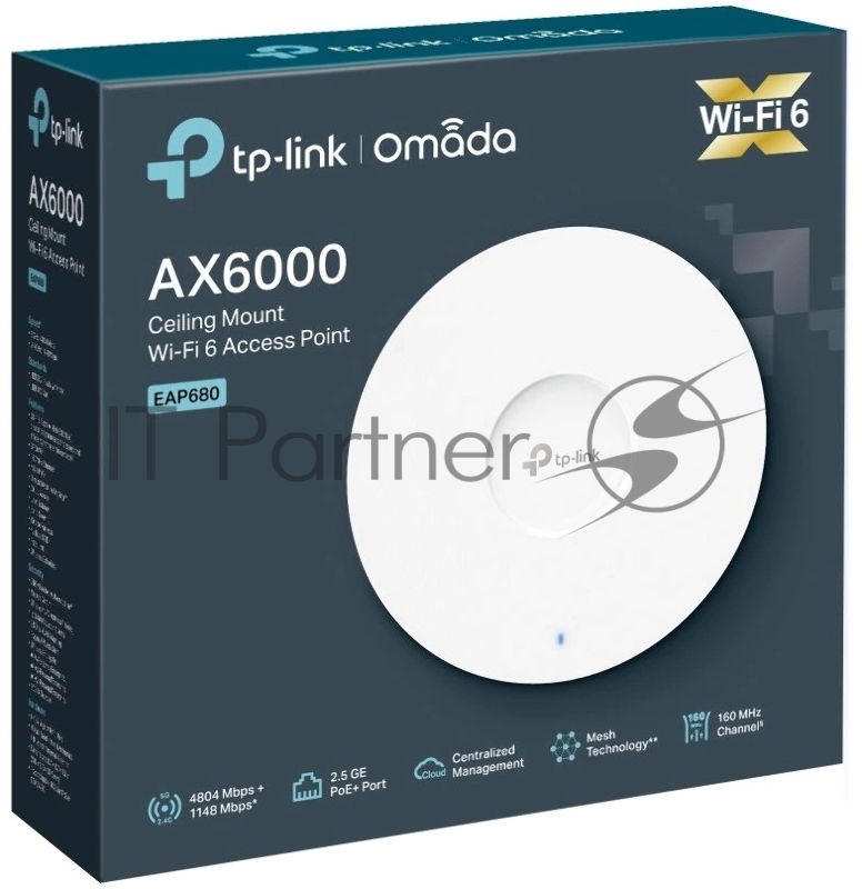 TP-Link EAP680 Двухдиапазонная потолочная точка доступа Omada с поддержкой Wi-Fi AX6000 1 порт RJ45 2,5 Гбит/с, до 1148 Мбит/с на 2,4 ГГц + до 4804 Мбит/с на 5 ГГц