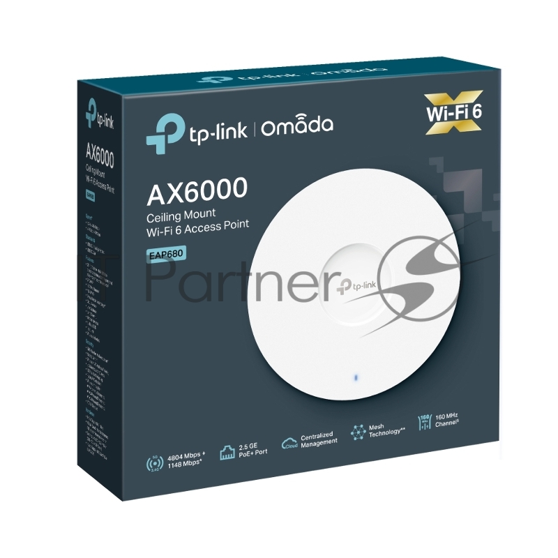 TP-Link EAP680 Двухдиапазонная потолочная точка доступа Omada с поддержкой Wi-Fi AX6000 1 порт RJ45 2,5 Гбит/с, до 1148 Мбит/с на 2,4 ГГц + до 4804 Мбит/с на 5 ГГц