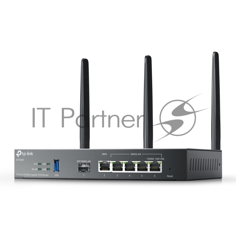 VPN-маршрутизатор TP-Link ER706W Omada с гигабитными портами и поддержкой Wi-Fi AX3000, 1 гиг. SFP WAN/LAN, 1 гиг. RJ45 WAN, 4 гиг. RJ45 WAN/LAN, USB 3.0, до 574 М/с на 2,4 ГГц + до 2402 М/с