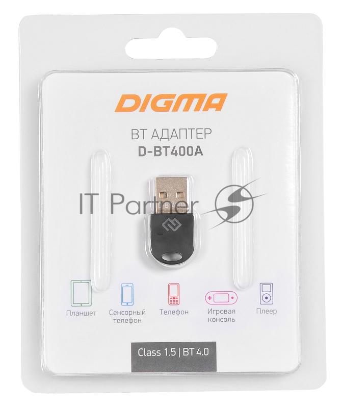 Адаптер USB Digma D-BT400A Bluetooth 4.0+EDR class 1.5 20м черный