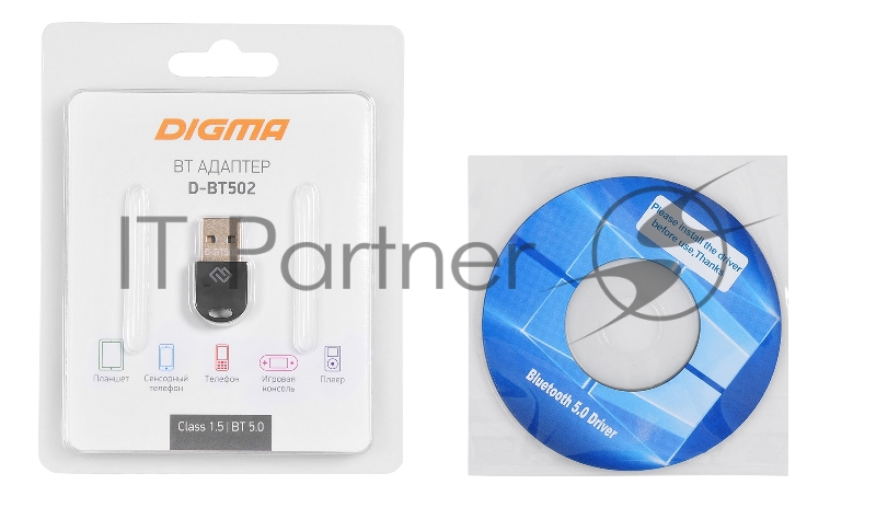 Адаптер USB Digma D-BT502 Bluetooth 5.0+EDR class 1.5 20м черный