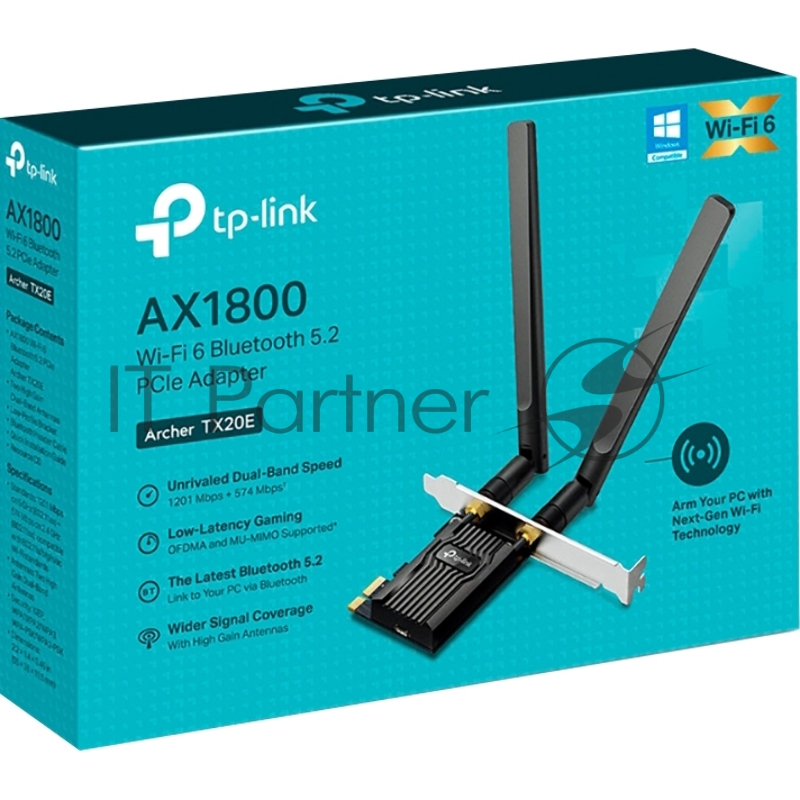 Двухдиапазонный адаптер PCI Express TP-Link Archer TX20E с поддержкой Wi-Fi AX1800 и Bluetooth 5.2