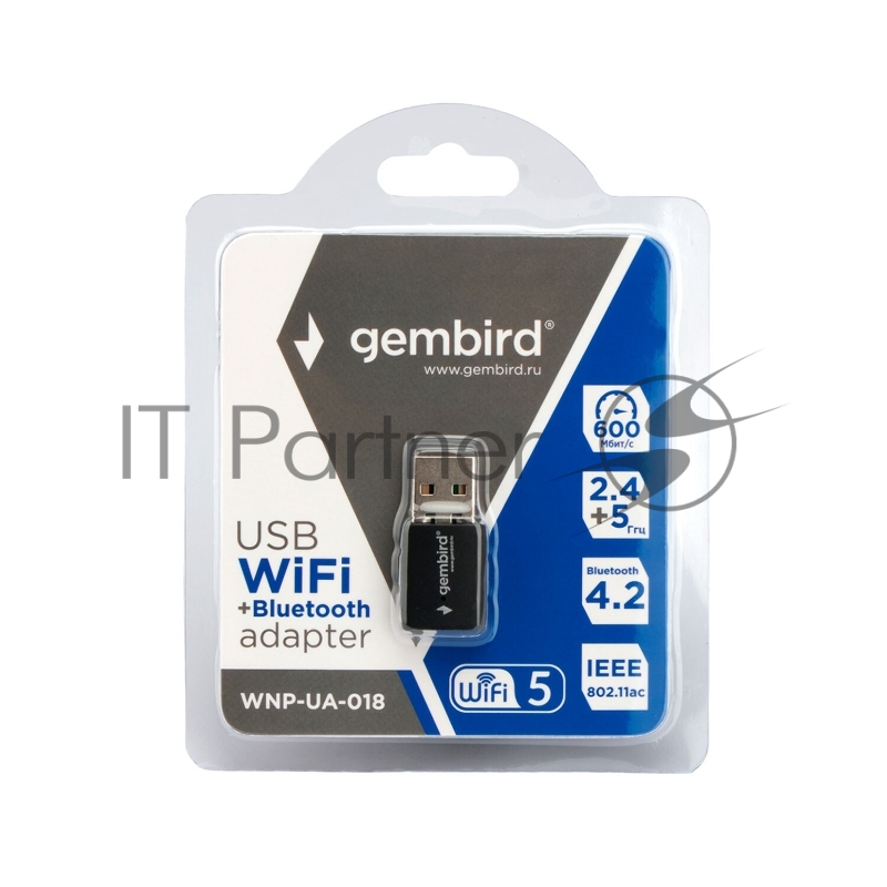 Сетевой адаптер WiFi+Bluetooth Gembird WNP-UA-018 двухдиапазонный мини, 600 Мбит, USB, 802.11b/a/g/n/ac