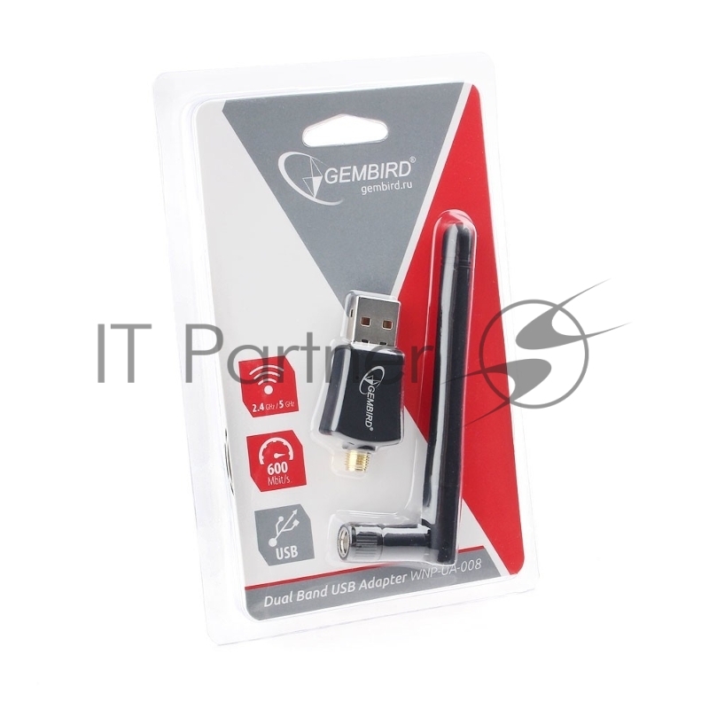 Сетевой адаптер WiFi+Bluetooth Gembird WNP-UA-019, двухдиапазонный с антенной, 600Мбит, USB, 802.11b/a/g/n/a