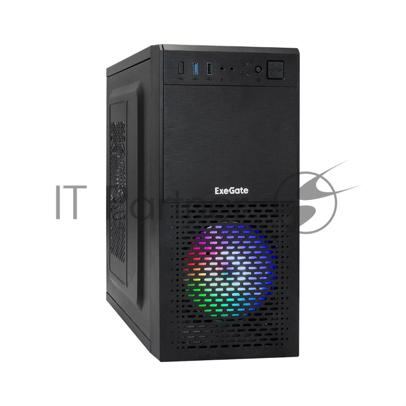 Корпус Minitower ExeGate mEVO-7803 (mATX, без БП, 2*USB+1*USB3.0, HD аудио, черный, 2 вент. 12см с RGB подсветкой)