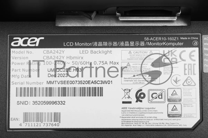 Монитор Acer 23.8 CBA242YHbmirx черный VA LED 1ms 16:9 HDMI M/M HAS Piv 250cd 178гр/178гр 1920x1080 100Hz FreeSync VGA DP FHD 4.3кг