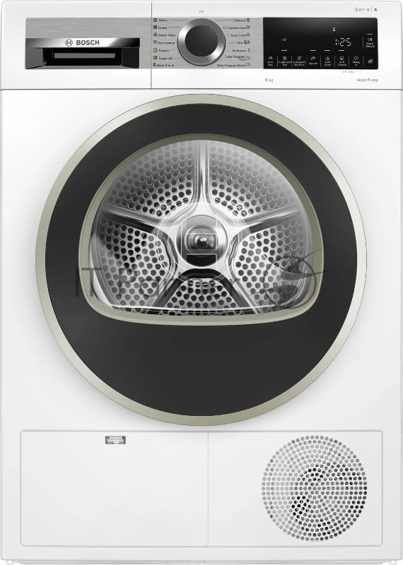 Serie 4, Сушильная машина с тепловым насосом, макс.загрузка - 9кг, Класс энергоэфф-ти: A++, LED-дисплей с текстовой информацией. Основные программы: Синтетика: Очень сухое, Сушка в шкаф, Сушка под утюг, Хлопок: Очень сухое, Сушка в шкаф, Сушка под ут
