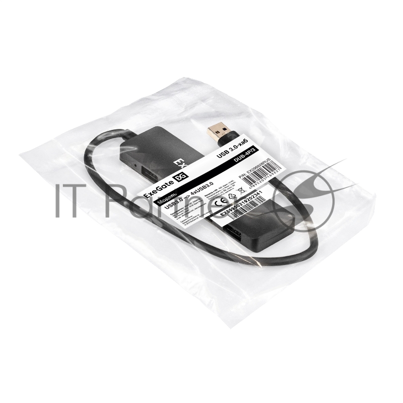 USB-Хаб (концентратор) 4-в-1 ExeGate DUB-4P/3 (кабель-адаптер USB3.0 --> 4xUSB3.0, Plug&Play, черный)