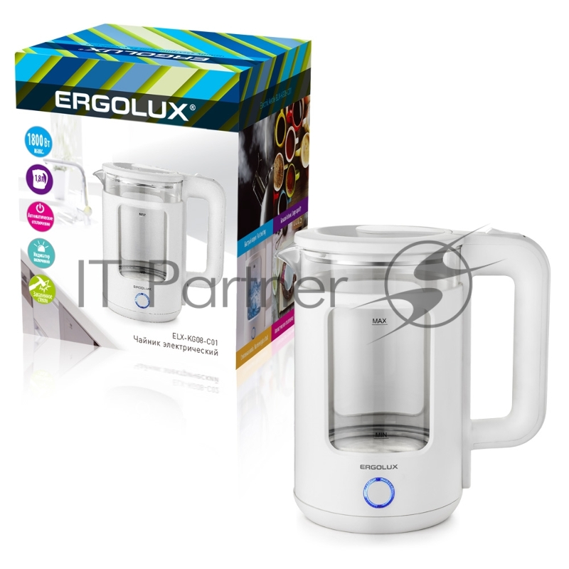 Чайник электрический ELX-KG08-C01 стекло/пластик 1.8л 220-240В 1800Вт бел. ERGOLUX 15334