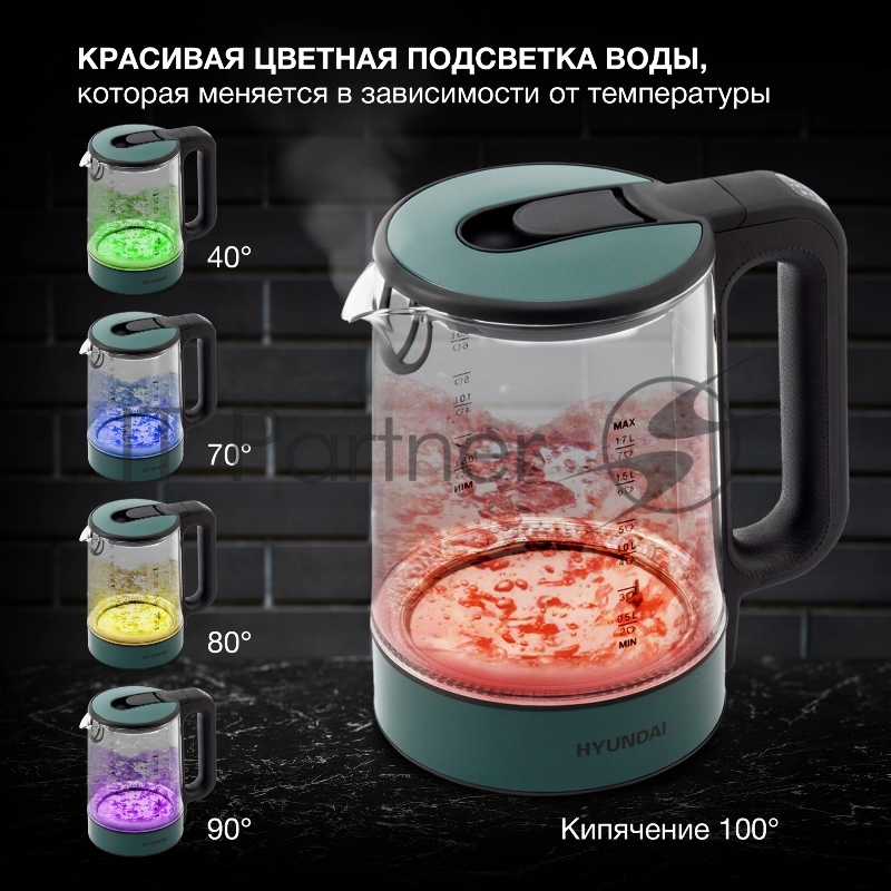 Чайник электрический Hyundai HYK-S4805 1.7л. 2200Вт темно-зеленый корпус: стекло/пластик