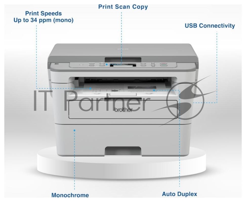 МФУ Brother DCP-B7500D, P/C/S, A4, 34 cтр/мин, 128 МБ, Duplex, ADF50, USB, лоток 250 л., старт.картридж 2 000 стр. тонер TN-B023