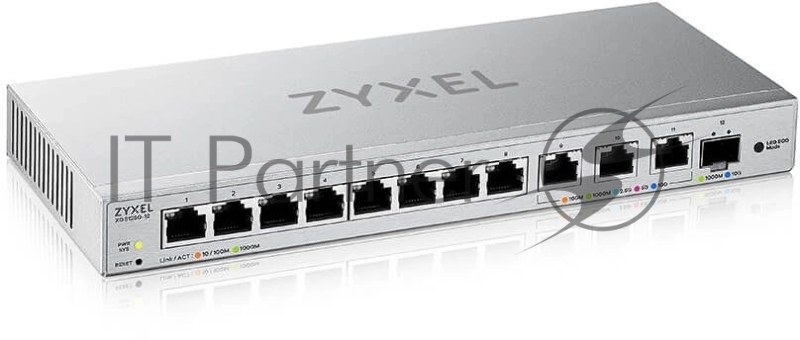 Мультигигабитный Smart L2 коммутатор Zyxel XGS1250-12, 8xGE, 3x1/2,5/5/10G, 1xSFP+, кнопка LED ECO Mode, настольный