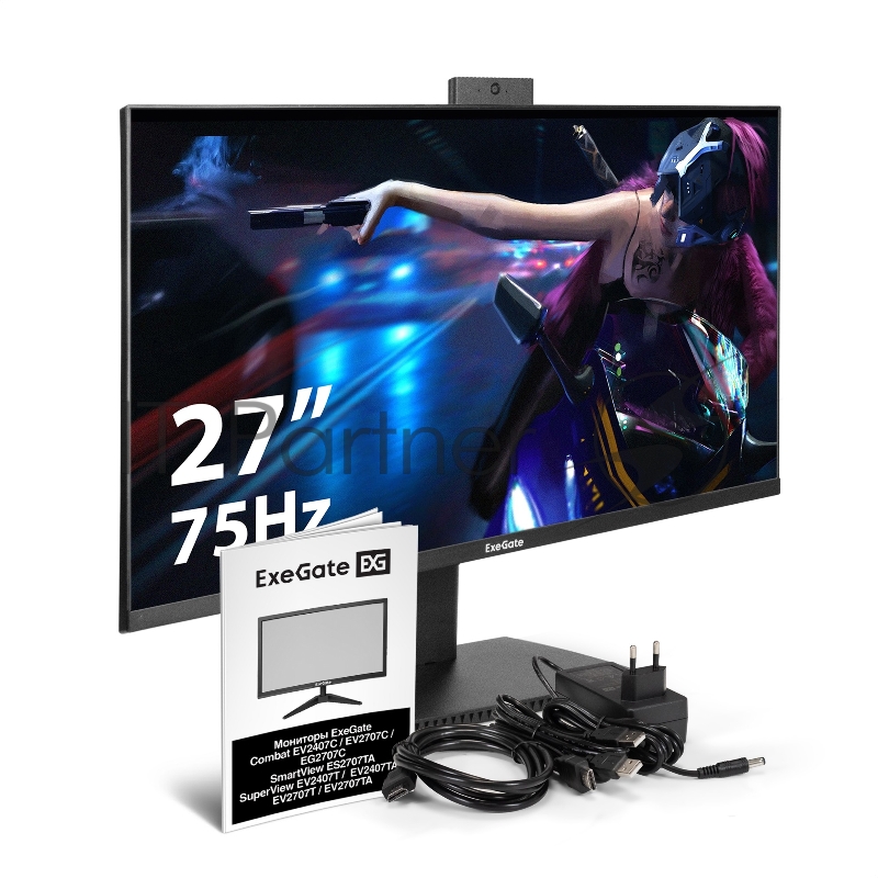 Монитор со встроенной веб-камерой и аудио 27 ExeGate SuperView EV2707T (IPS LED Grade A+, FHD, 1920x1080@75Гц, 16:9, 250cd/m2, 1000:1, 178°/178°, 5ms, Speakers, D-Sub, HDMI2.0, DisplayPort, USB, аудио-выход, 2K веб-камера, 5MP, микрофон, FreeSync, Fl