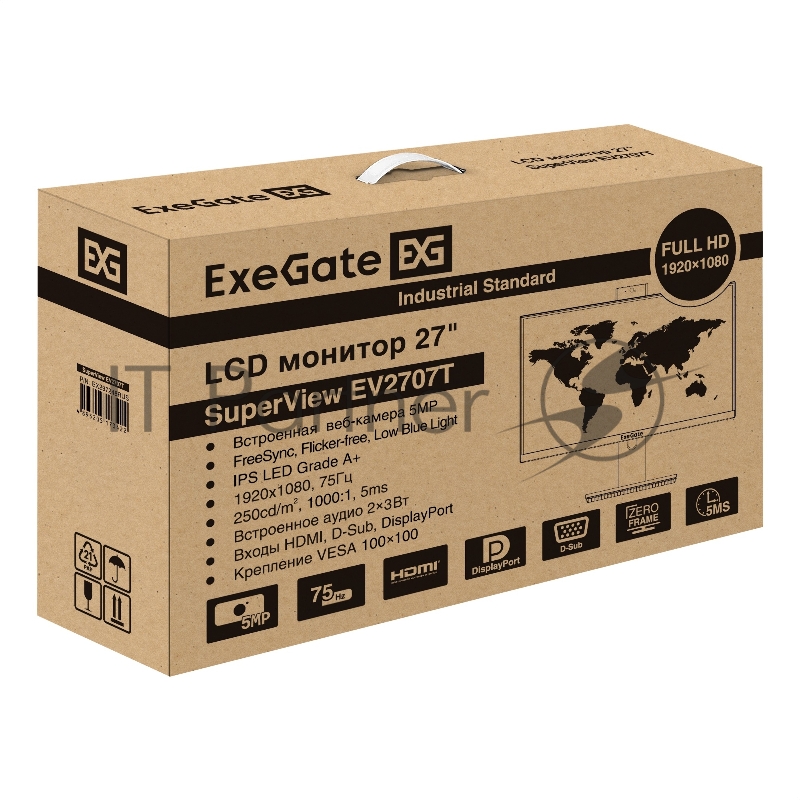 Монитор со встроенной веб-камерой и аудио 27 ExeGate SuperView EV2707T (IPS LED Grade A+, FHD, 1920x1080@75Гц, 16:9, 250cd/m2, 1000:1, 178°/178°, 5ms, Speakers, D-Sub, HDMI2.0, DisplayPort, USB, аудио-выход, 2K веб-камера, 5MP, микрофон, FreeSync, Fl