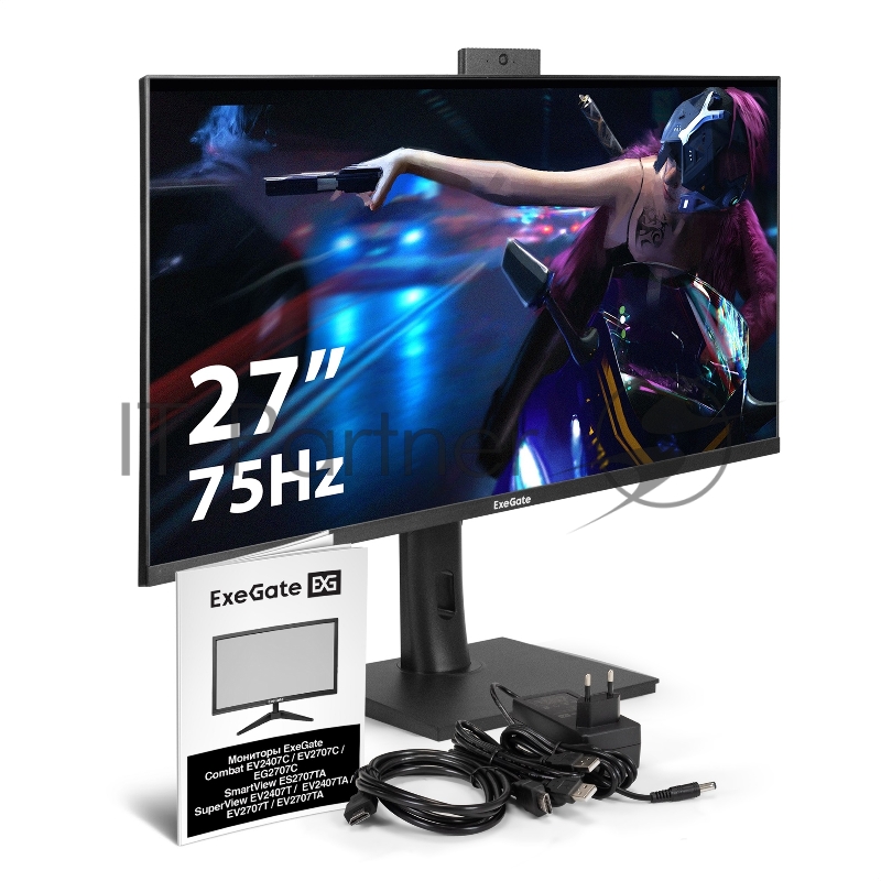 Монитор со встроенной веб-камерой и аудио 27 ExeGate SuperView EV2707TA (IPS LED Grade A+, FHD, 1920x1080@75Гц, 16:9, 250cd/m2, 1000:1, 178°/178°, 5ms, Speakers, D-Sub, HDMI2.0, DisplayPort, USB, аудио-выход, 2K веб-камера, 5MP, микрофон, FreeSync, F
