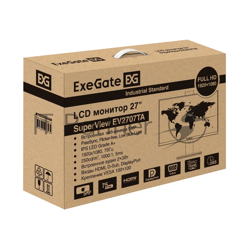 Монитор со встроенной веб-камерой и аудио 27 ExeGate SuperView EV2707TA (IPS LED Grade A+, FHD, 1920x1080@75Гц, 16:9, 250cd/m2, 1000:1, 178°/178°, 5ms, Speakers, D-Sub, HDMI2.0, DisplayPort, USB, аудио-выход, 2K веб-камера, 5MP, микрофон, FreeSync, F