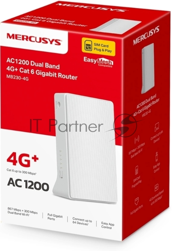 Двухдиапазонный гигабитный роутер Mercusys MB230-4G Wi-Fi AC1200 с поддержкой 4G+ категории 6