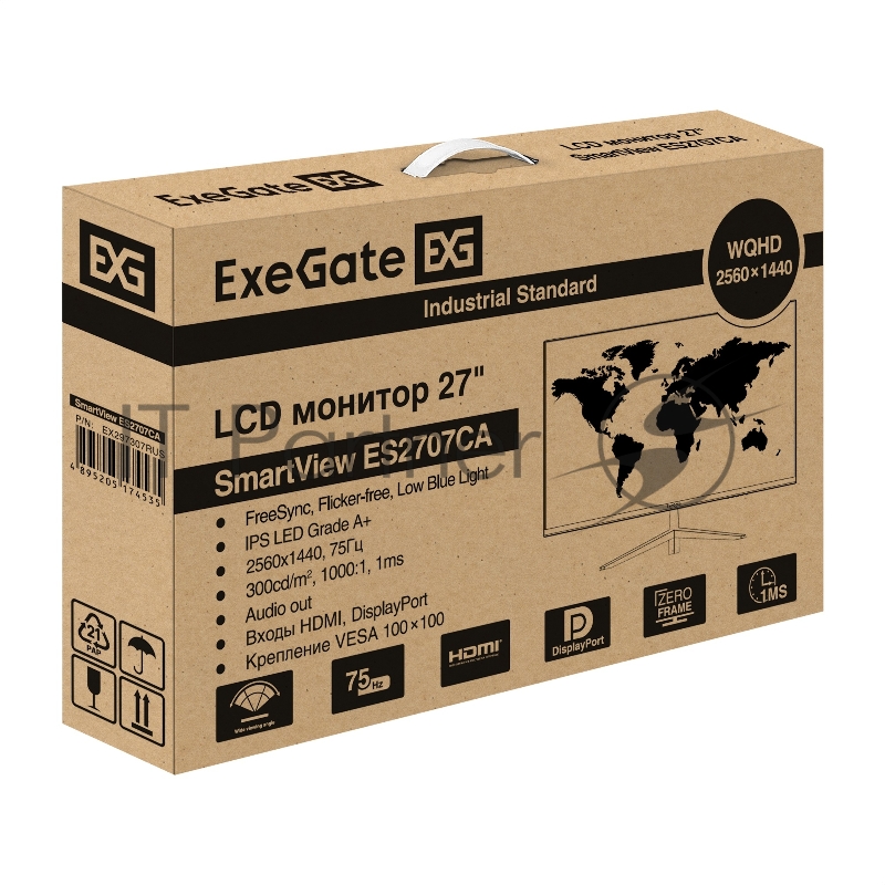 Монитор безрамочный с аудио 27 ExeGate SmartView ES2707CA (IPS LED Grade A+, 2K, 2560x1440@75Гц (WQHD), 16:9, 300cd/m2, 1000:1, 178°/178°, 1ms, HDMI, DisplayPort, USB, аудио-выход, RGB-подсветка, FreeSync, Flicker-free, Low Blue Light, кабель HDMI 1.