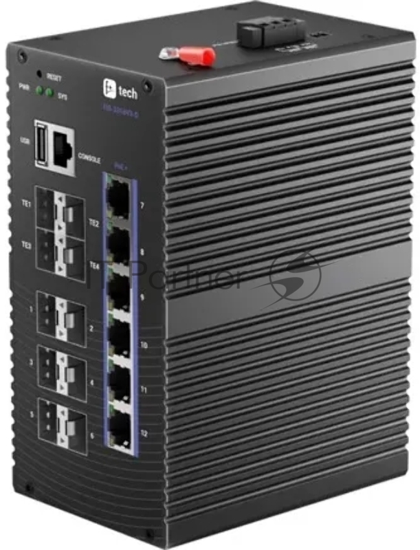 Промышленный коммутатор Fplus FIS-3316VX-D, 6 портов 10/100/1000BASE-T RJ45 PoE+, 6 портов SFP 1GE, 4 порта 10GE SFP+, питание DC 48-57 В, монтаж на DIN-рейку