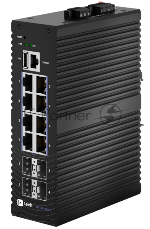 Промышленный коммутатор Fplus FIS-3312TX-D, 8 портов 10/100/1000BASE-T RJ45 PoE 802.3at, 4 порта 10GE SFP+, питание DC 48-57 В, PoE PD до 240 Вт, монтаж на DIN-рейку