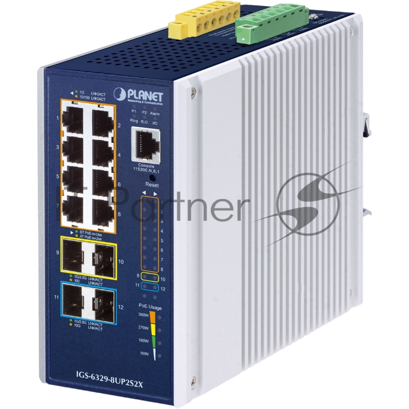 Коммутатор PLANET IGS-6329-8UP2S2X IP30 DIN-rail Industrial L3 8-Port 10/100/1000T 802.3bt PoE + 2-port 1G/2.5G SFP + 2-Port 10G SFP+ Full Managed Switch (-40 to 75 C, 8-port 95W PoE++, 802.3bt/PoH/Force modes, DIDO, ERPS Ring, 1588 PTP TC, Modbus TC