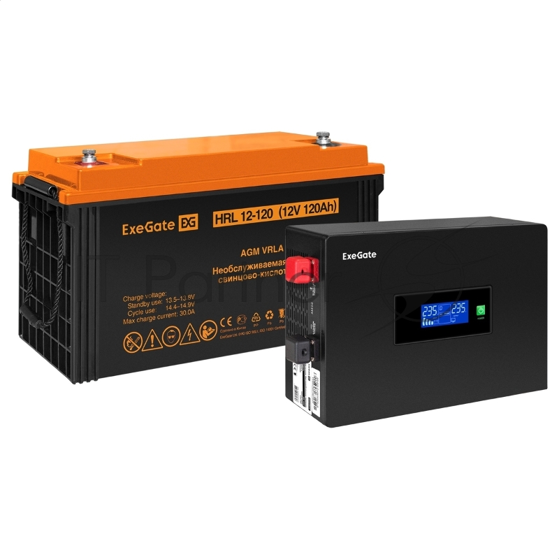 Комплект ИБП EX295992RUS + батарея 120Aч EX285657RUS 1шт (инвертор, синус, для котла, PF=1, настенный) ExeGate IdealSine SR-600.LCD.2SH <600VA/600W, чистая синусоида, цветной LCD-дисплей, 2*Schuko, крепление настенное, Black> + батарея ExeGate HRL 12