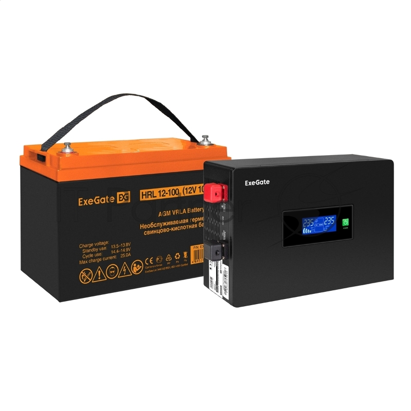 Комплект ИБП EX295993RUS + батарея 100Aч EX285656RUS 1шт (инвертор, синус, для котла, PF=1, настенный) ExeGate IdealSine SR-1000.LCD.2SH <1000VA/1000W, чистая синусоида, цветной LCD-дисплей, 2*Schuko, крепление настенное, Black> + батарея ExeGate HRL