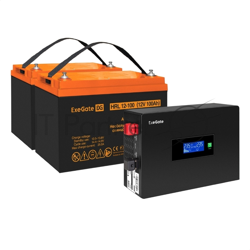 Комплект ИБП EX295994RUS + батарея 100Aч EX285656RUS 2шт (инвертор, синус, для котла, PF=1, настенный) ExeGate IdealSine SR-1500.LCD.2SH <1500VA/1500W, чистая синусоида, цветной LCD-дисплей, 2*Schuko, крепление настенное, Black> + батарея ExeGate HRL