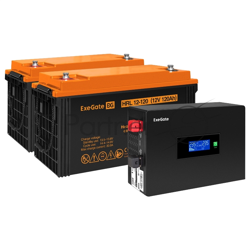 Комплект ИБП EX295994RUS + батарея 120Aч EX285657RUS 2шт (инвертор, синус, для котла, PF=1, настенный) ExeGate IdealSine SR-1500.LCD.2SH <1500VA/1500W, чистая синусоида, цветной LCD-дисплей, 2*Schuko, крепление настенное, Black> + батарея ExeGate HRL
