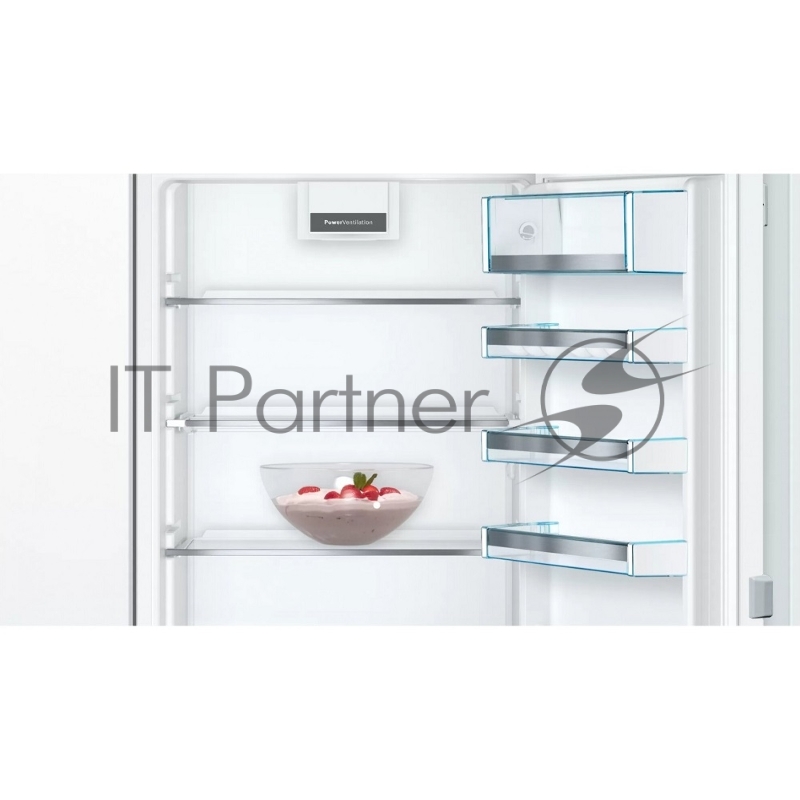 Serie 4, Встраиваемый холодильник, техника плоских шарниров, SN-ST, Объем 255 (188+67)л, NoFrost в морозильном отделении, LED-освещение, BigBox, FreshSense, SuperFreeze, 4 полоки из ударопрочного стекла, выдвижной контейнер, дверной упор правый (пере