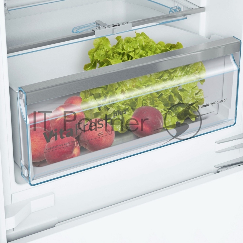 Serie 4, Встраиваемый холодильник, техника плоских шарниров, SN-ST, Объем 255 (188+67)л, NoFrost в морозильном отделении, LED-освещение, BigBox, FreshSense, SuperFreeze, 4 полоки из ударопрочного стекла, выдвижной контейнер, дверной упор правый (пере