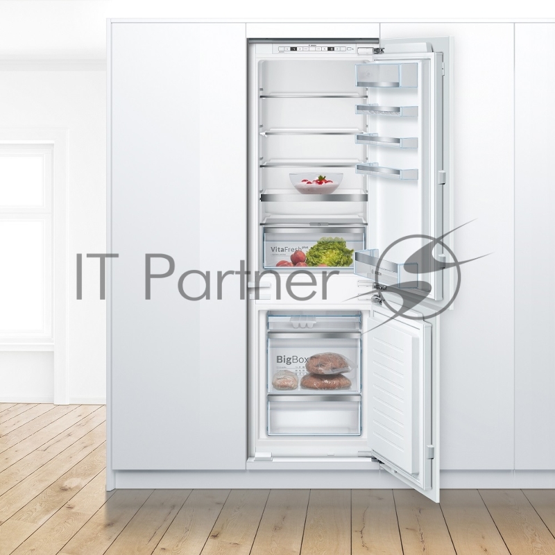 Serie 4, Встраиваемый холодильник, техника плоских шарниров, SN-ST, Объем 255 (188+67)л, NoFrost в морозильном отделении, LED-освещение, BigBox, FreshSense, SuperFreeze, 4 полоки из ударопрочного стекла, выдвижной контейнер, дверной упор правый (пере