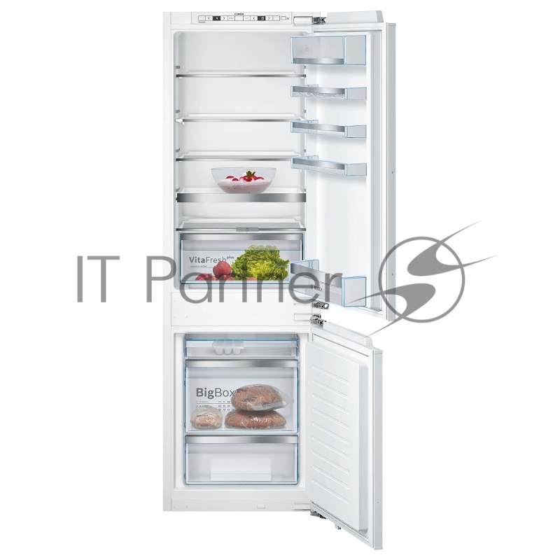 Serie 4, Встраиваемый холодильник, техника плоских шарниров, SN-ST, Объем 255 (188+67)л, NoFrost в морозильном отделении, LED-освещение, BigBox, FreshSense, SuperFreeze, 4 полоки из ударопрочного стекла, выдвижной контейнер, дверной упор правый (пере