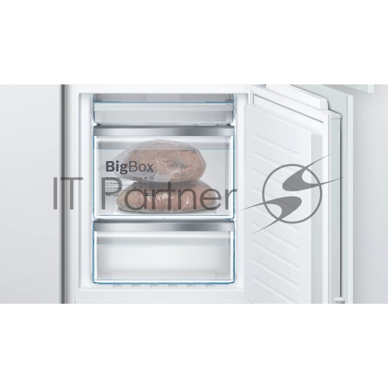 Serie 4, Встраиваемый холодильник, техника плоских шарниров, SN-ST, Объем 255 (188+67)л, NoFrost в морозильном отделении, LED-освещение, BigBox, FreshSense, SuperFreeze, 4 полоки из ударопрочного стекла, выдвижной контейнер, дверной упор правый (пере