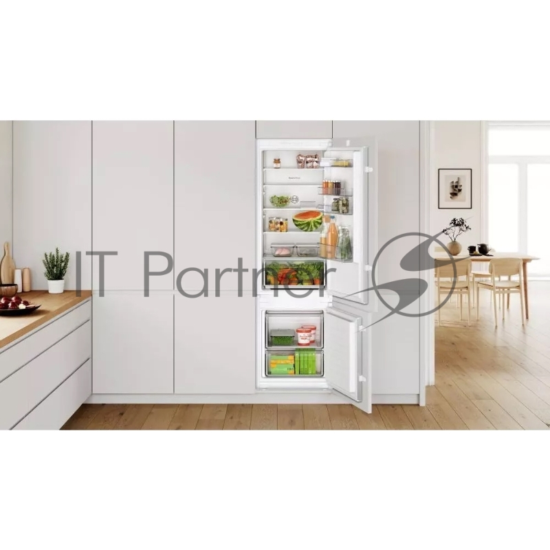 Serie 2, Встраиваемый холодильник с нижней морозильной камерой, Габариты (ВхШхГ) - 177,2х54,1х54,8 см, Ниша (ВхШхГ) - 177,5х56х55, скользящие направляющие, объём 265 (182+83) л, LowFrost, Элетронная панель управления, ящик для овощей и фруктов MultiB