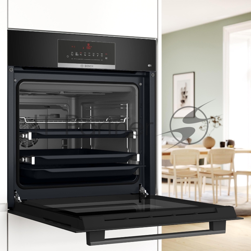 Встраиваемый духовой шкаф Bosch, Serie 8, объем 67 л , 12 режимов нагрева, 4D Hotair, телескопические направляющие, пиролиз, сенсорное управление, 40 автоматических программ, цвет черный