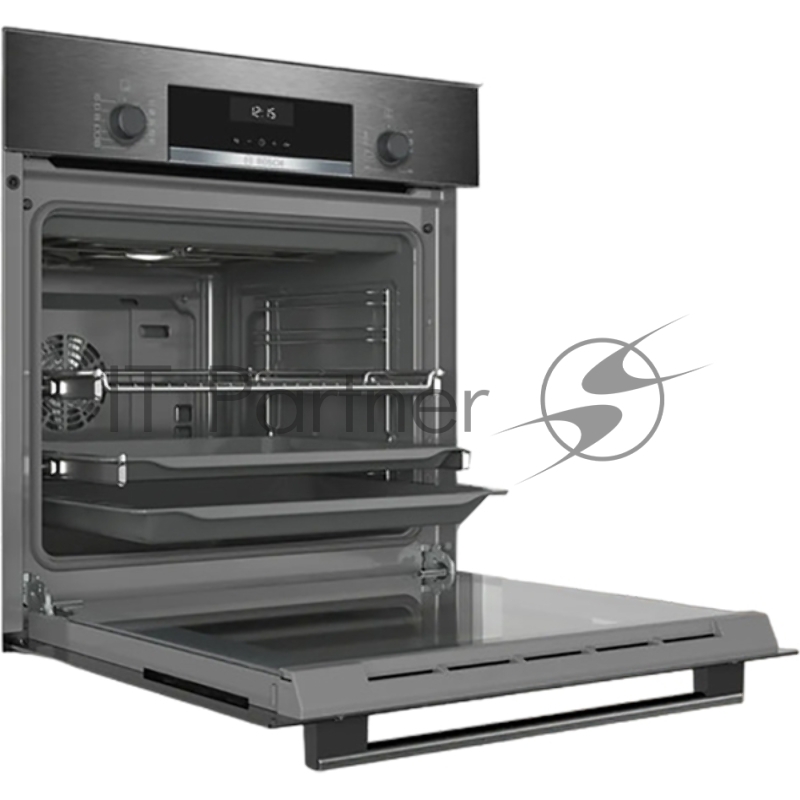 Встраиваемый духовой шкаф60 см, Serie 4, 66 л, Vario-гриль большой площади, Верхний/нижний жар, Горячий воздух, Горячий воздух нежный, Гриль с конвекцией, Нижний жар, Режим для пиццы, черная нержавеющая сталь