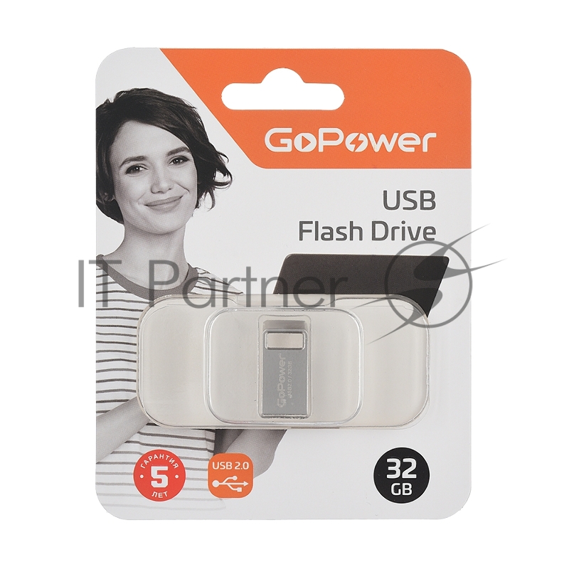 Флеш-накопитель GoPower MINI 32GB USB2.0 металл серебряный (1/50/1000)