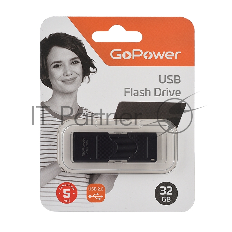 Флеш-накопитель GoPower SLIDER 32GB USB2.0 пластик черный матовый (1/50/1000)