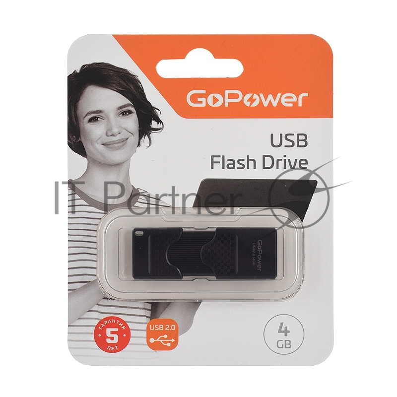 Флеш-накопитель GoPower SLIDER 4GB USB2.0 пластик черный матовый (1/50/1000)