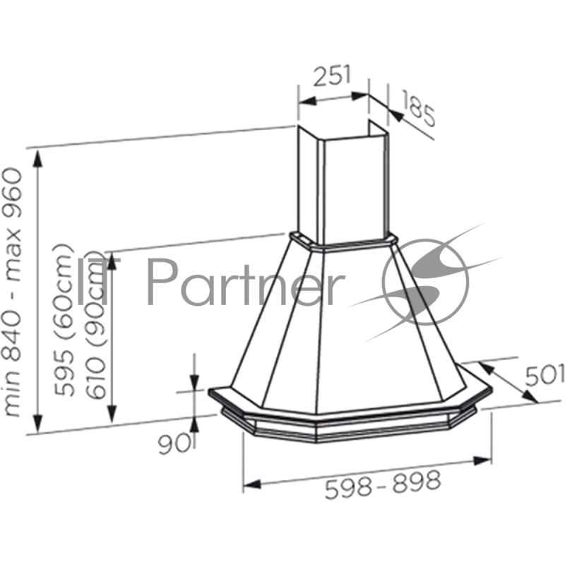 Вытяжки JET AIR/ Купольная, 90 см, 990 куб. м. , белый+неокрашенное дерево