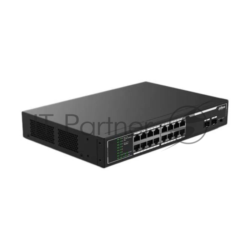 Неуправляемый 18-портовый коммутатор DAHUA DH-SF1018LP с РоЕ, 16xRJ45 100Mb PoE, 2xRJ45 1Gb, суммарно 135Вт, коммутация 7.2 Гбит/с, MAC-таблица 8К, металл