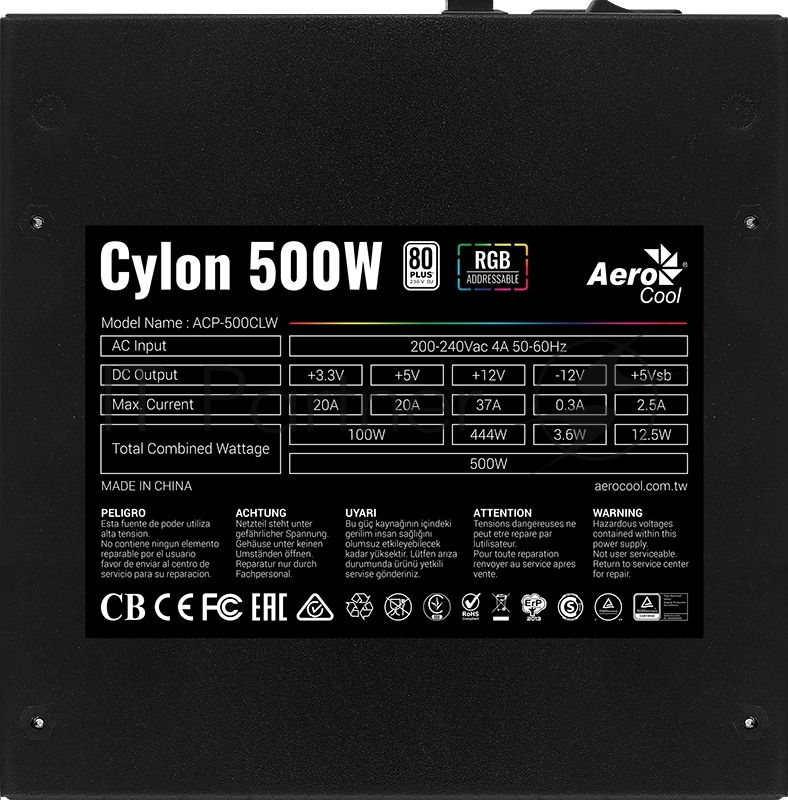 Блок питания Aerocool ATX 500W CYLON 500 80+ (24+4+4pin) 120mm fan color 5xSATA RTL