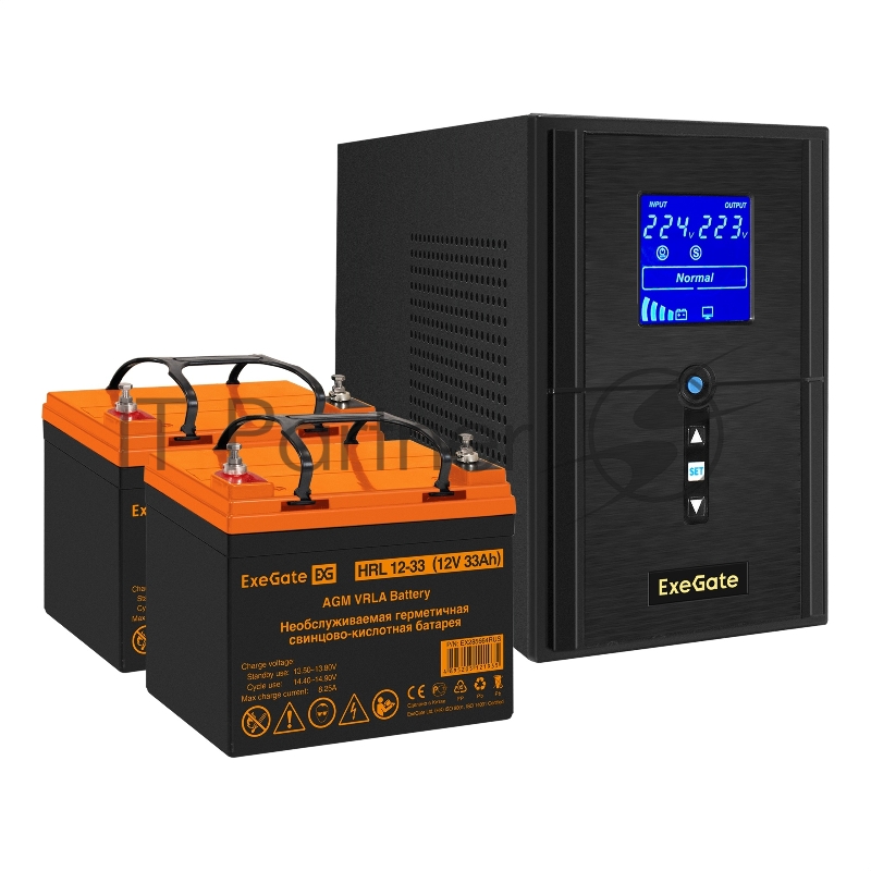 Комплект ИБП EX295988RUS + батарея 33Aч EX285664RUS 2шт (инвертор, синус, для котла) ExeGate SineTower SZ-1500.LCD.AVR.2SH.1C13.USB <1500VA/1200W, чистый синусоида, LCD дисплей, AVR, 2*Schuko+1*C13, USB, линейно-интерактивный, Black> + батарея ExeGat