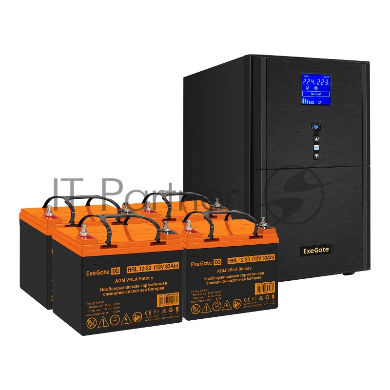 Комплект ИБП EX295990RUS + батарея 33Aч EX285664RUS 4шт (инвертор, синус, для котла) ExeGate SineTower SZ-3000.LCD.AVR.3SH.1C13.RJ.USB <3000VA/2400W, чистый синусоида, LCD дисплей, AVR, 3*Schuko+1*C13, RJ45/11, USB, линейно-интерактивный, Black> + ба