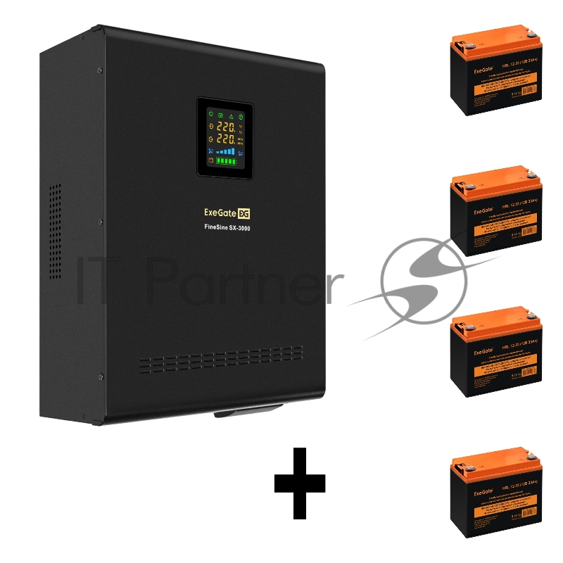 Комплект ИБП EX296003RUS + батарея 33Aч EX285664RUS 4шт (инвертор, синус, для котла, настенный) ExeGate FineSine SX-3000.LCD.AVR.2SH.T <3000VA/2100W, чистая синусоида, цветной LCD-дисплей, AVR, 2*Schuko+клеммы, линейно-интерактивный, крепление настен