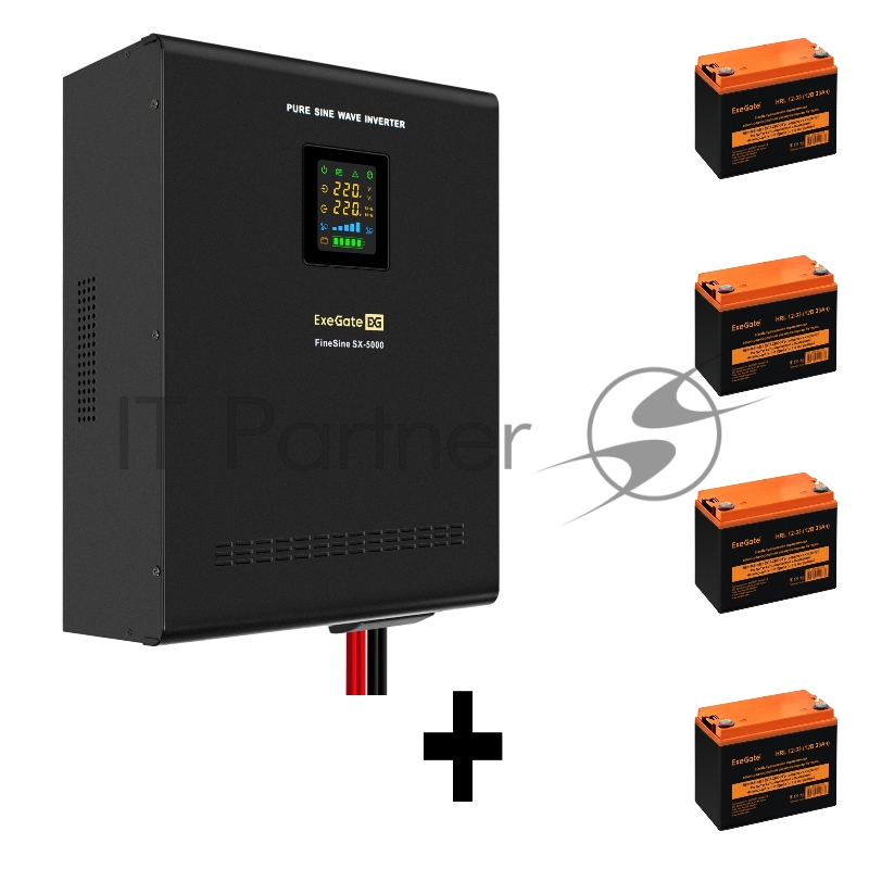 Комплект ИБП EX296004RUS + батарея 33Aч EX285664RUS 4шт (инвертор, синус, для котла, настенный) ExeGate FineSine SX-5000.LCD.AVR.2SH.T <5000VA/3500W, чистая синусоида, цветной LCD-дисплей, AVR, 2*Schuko+клеммы, линейно-интерактивный, крепление настен