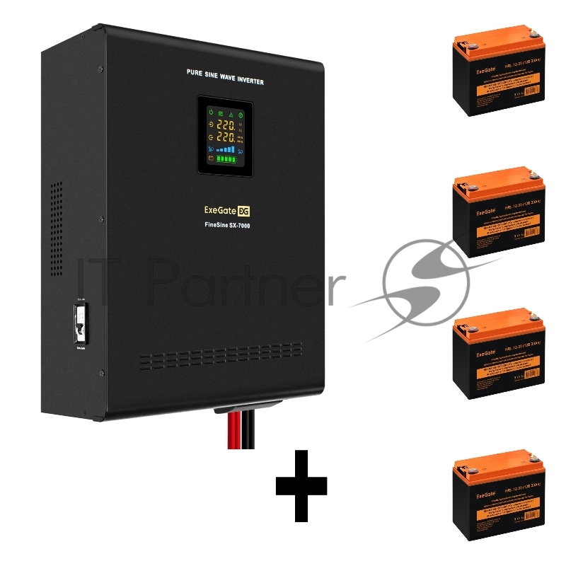Комплект ИБП EX296005RUS + батарея 33Aч EX285664RUS 4шт (инвертор, синус, для котла, настенный) ExeGate FineSine SX-7000.LCD.AVR.2SH.T <7000VA/5000W, чистая синусоида, цветной LCD-дисплей, AVR, 2*Schuko+клеммы, линейно-интерактивный, крепление настен