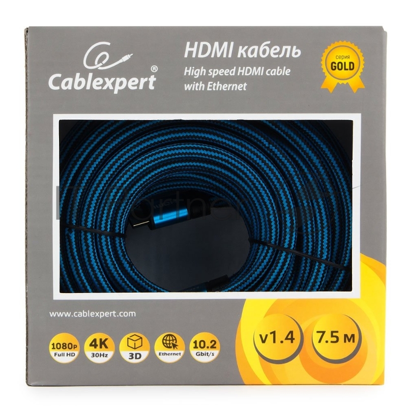Кабель HDMI Cablexpert, серия Gold, 7,5 м, v1.4, M/M, синий, позол.разъемы, алюминиевый корпус, нейлоновая оплетка, коробка