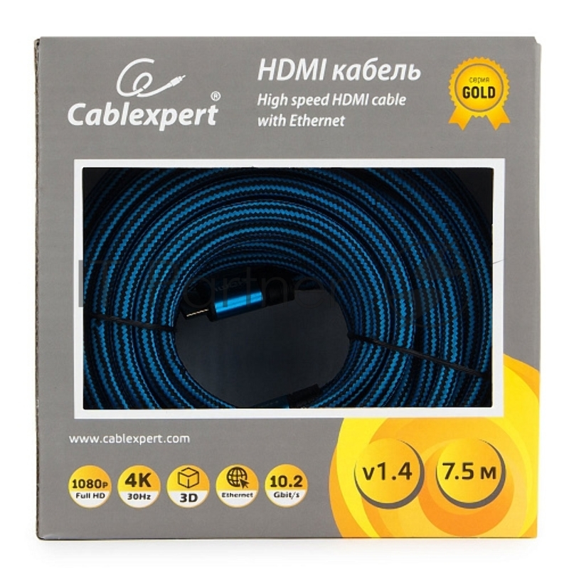 Кабель HDMI Cablexpert, серия Gold, 7,5 м, v1.4, M/M, синий, позол.разъемы, алюминиевый корпус, нейлоновая оплетка, коробка